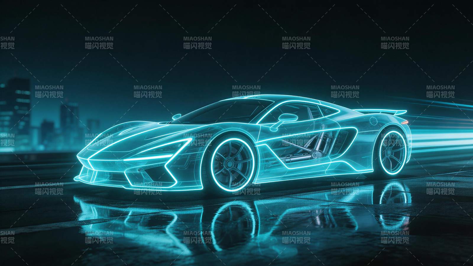 霓虹蓝光勾勒的未来跑车夜景行驶图图片