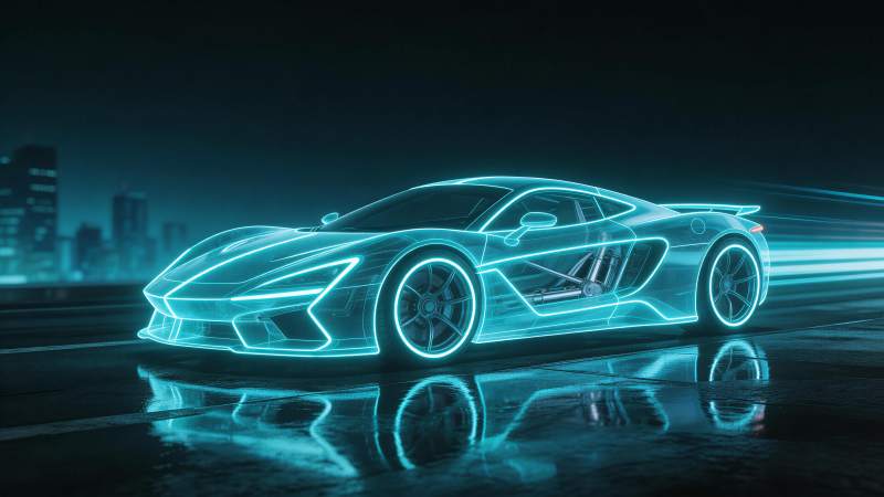 霓虹蓝光勾勒的未来跑车夜景行驶图图片