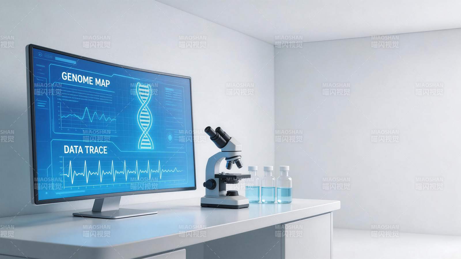实验室桌面摆放显微镜与基因图谱显示屏图片