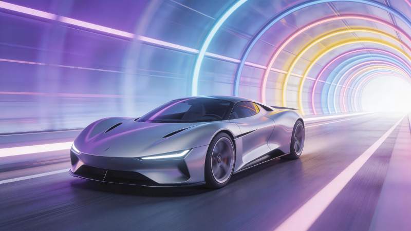 银色跑车疾驰于霓虹隧道之中图片