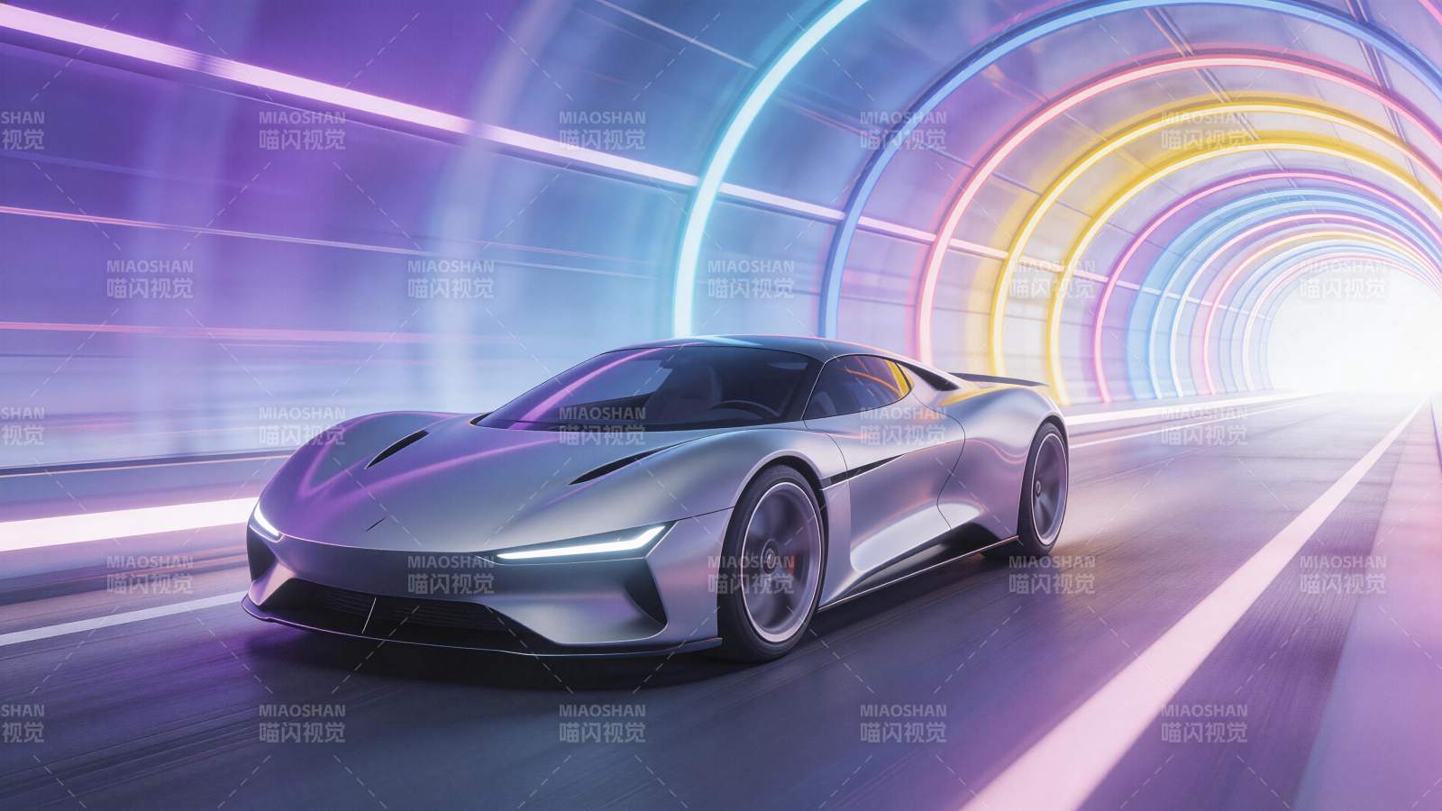 银色跑车疾驰于霓虹隧道之中图片