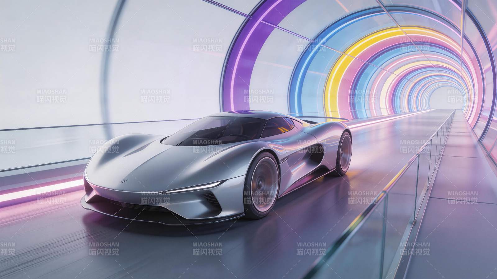 银色超跑疾驰于彩虹霓虹隧道中图片