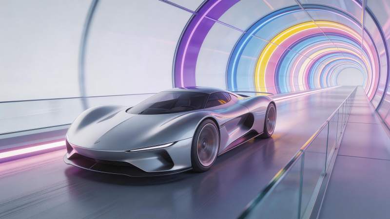 银色超跑疾驰于彩虹霓虹隧道中图片