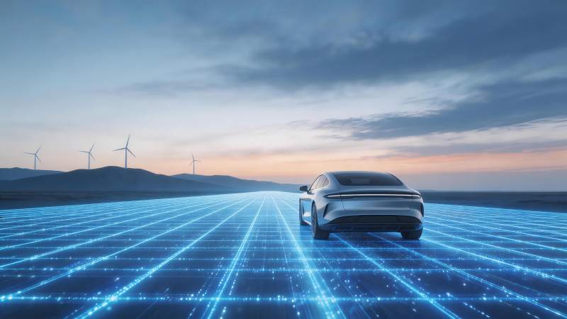 银色轿车行驶在蓝色光网道路上风力发电机背图片