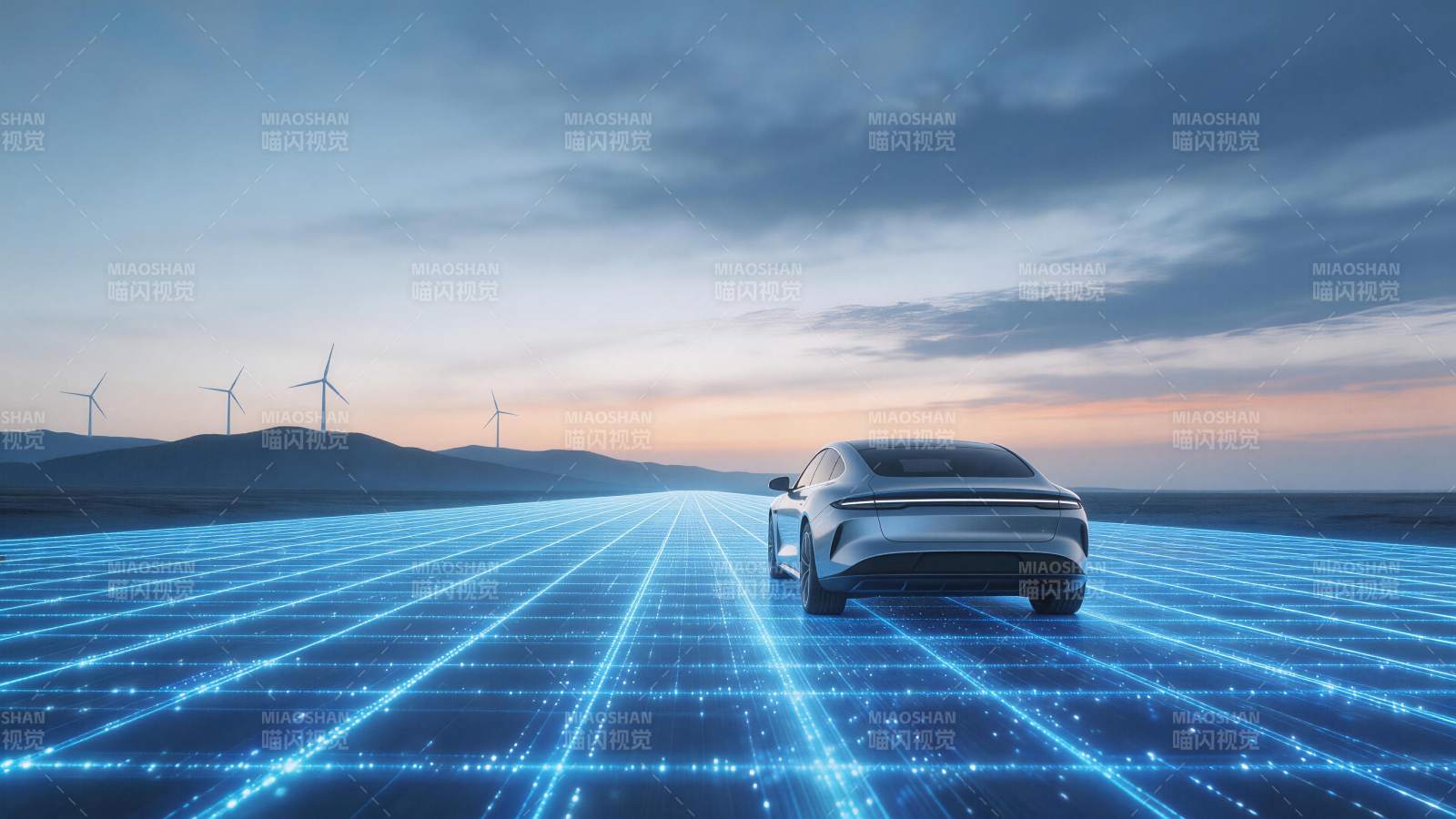 银色轿车行驶在蓝色光网道路上风力发电机背图片