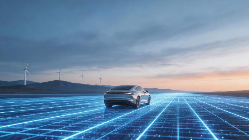 银色电动汽车行驶在蓝色光网道路上图片