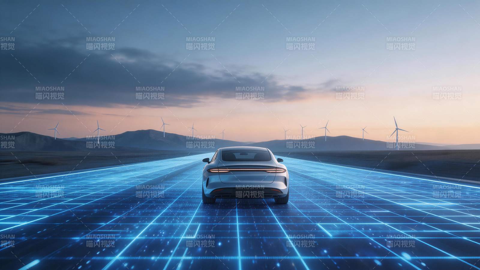 蓝色光网道路上行驶的银色轿车与远处风力发图片