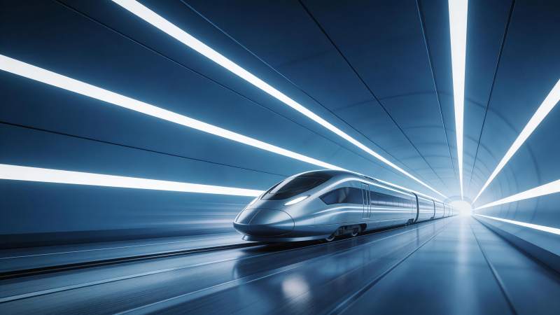银色高速列车在蓝色灯光隧道中疾驰图片