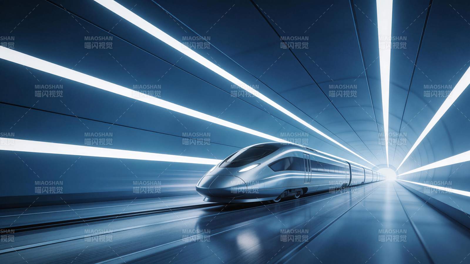 银色高速列车在蓝色灯光隧道中疾驰图片