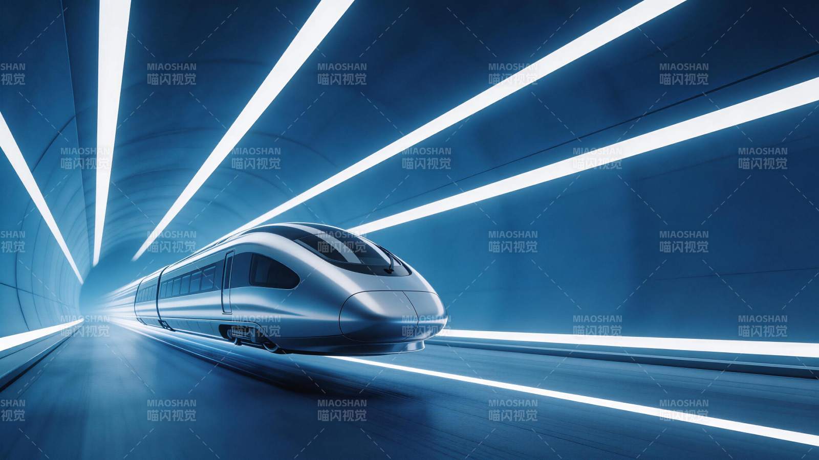 银色高速列车在蓝色光带隧道中疾驰图片