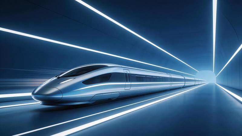 银色高速列车在发光隧道中疾驰穿行图片