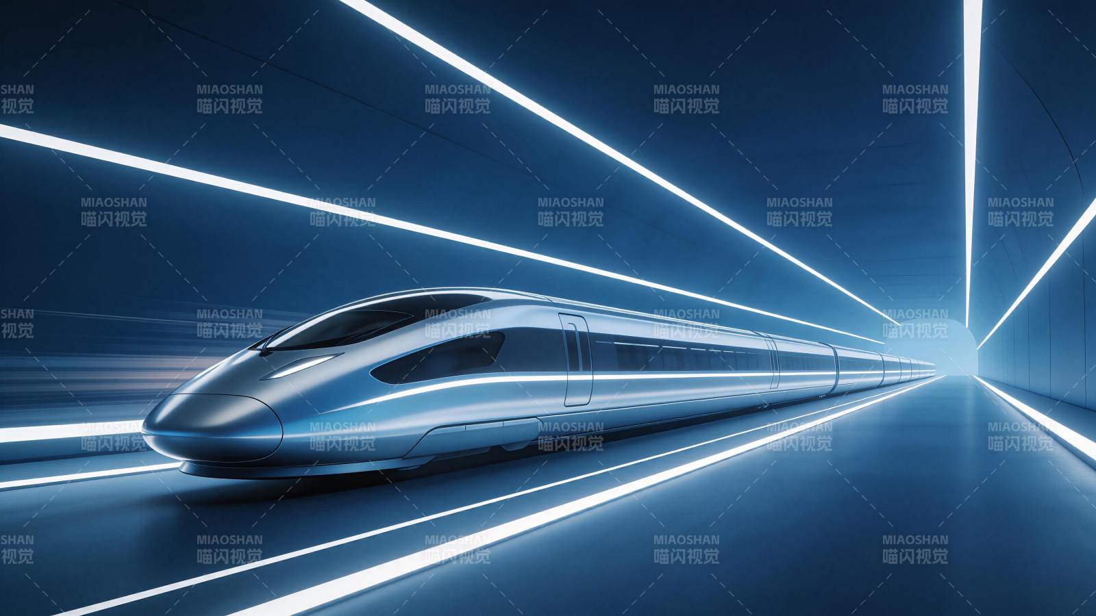 银色高速列车在发光隧道中疾驰穿行图片