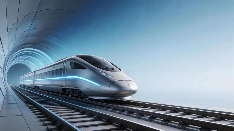 银色高速列车在流线型隧道中行驶图片