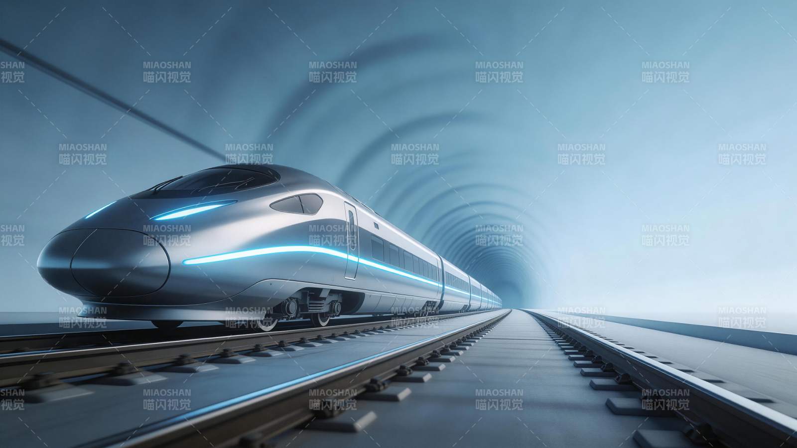 银色高铁在螺旋隧道中高速行驶图片