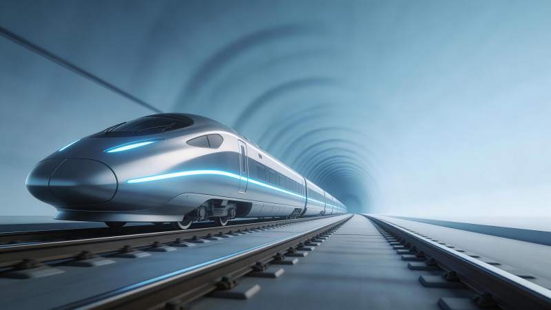 银色高铁在螺旋隧道中高速行驶图片