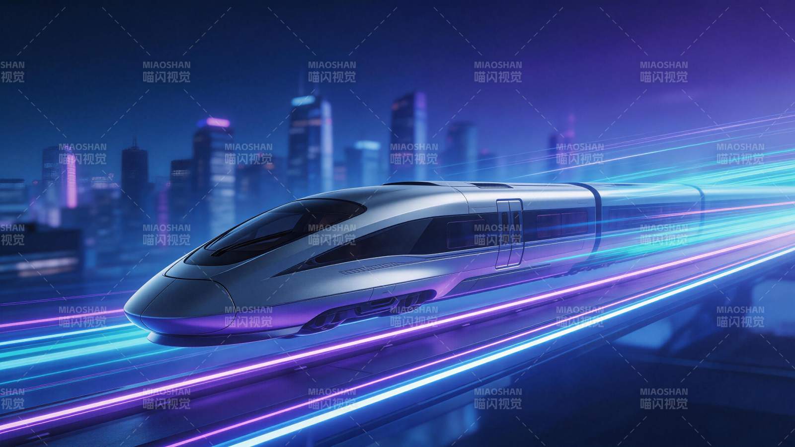 银色高速列车夜行城市轨道光影特效图片