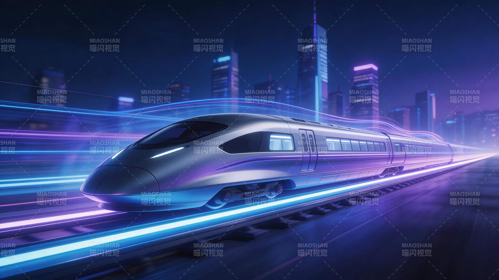 高速列车夜行城市轨道光影流动图片