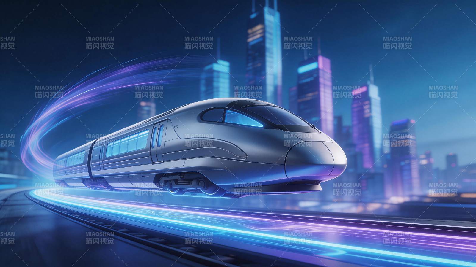 高速磁悬浮列车在城市夜景中疾驰而过图片