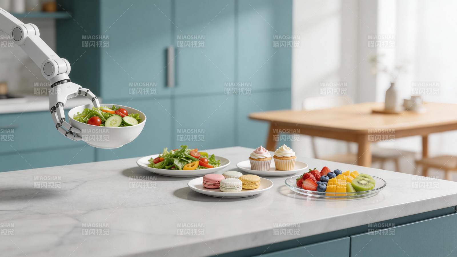 机械臂端着沙拉碗置于厨房料理台前图片
