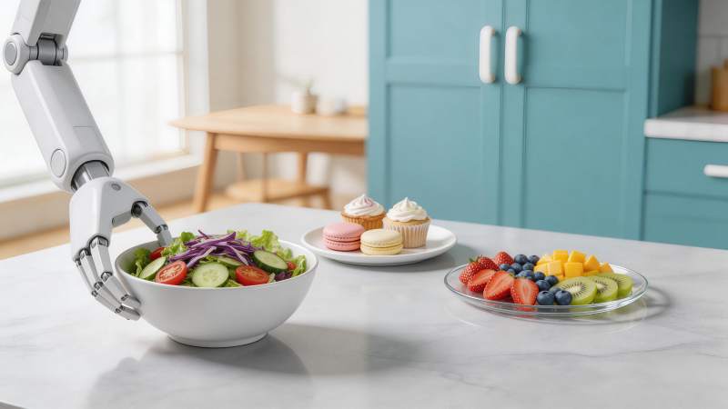 机械臂正在夹取沙拉碗中的新鲜蔬菜图片