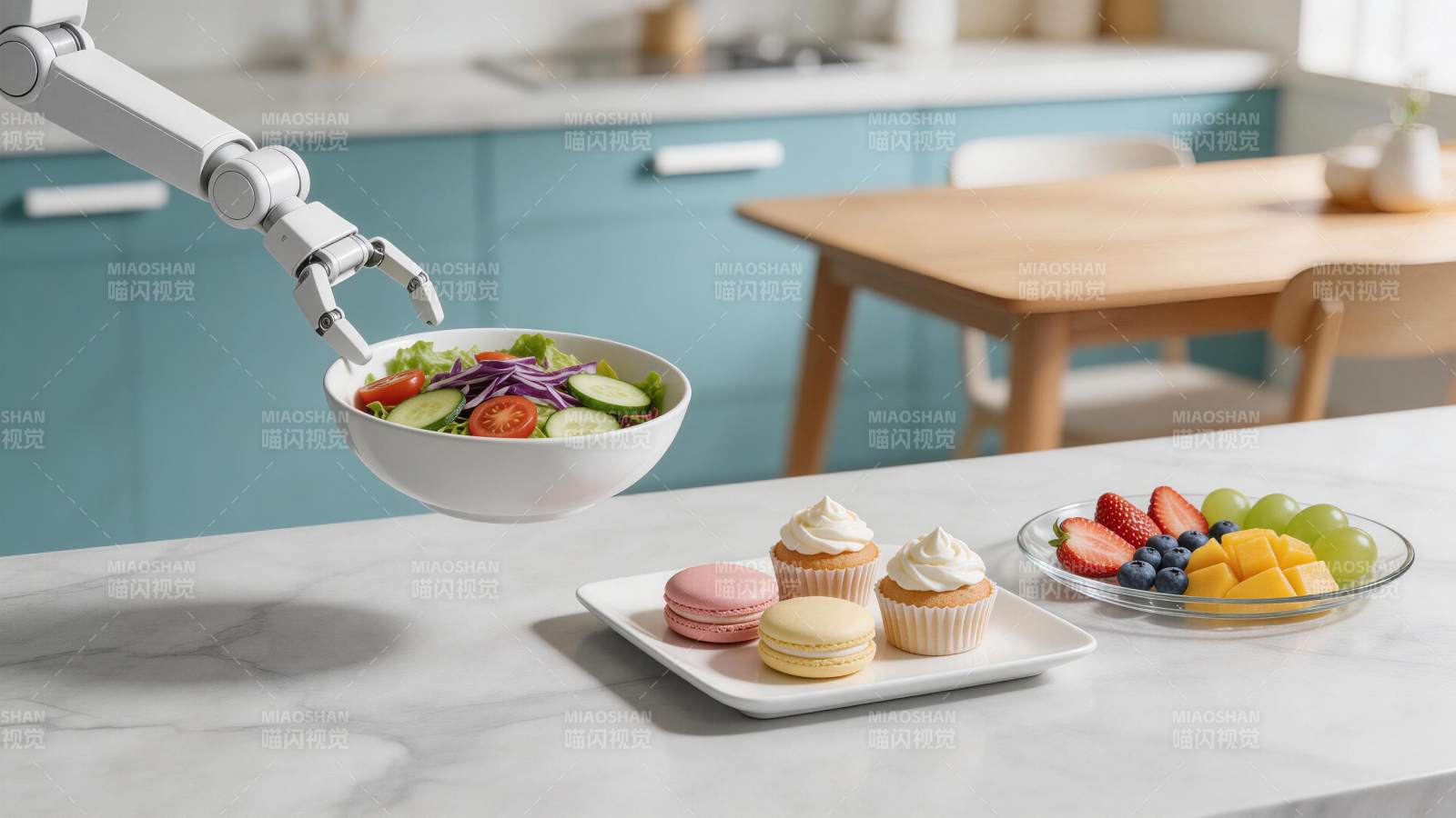 机械臂端着沙拉碗置于厨房餐桌前图片