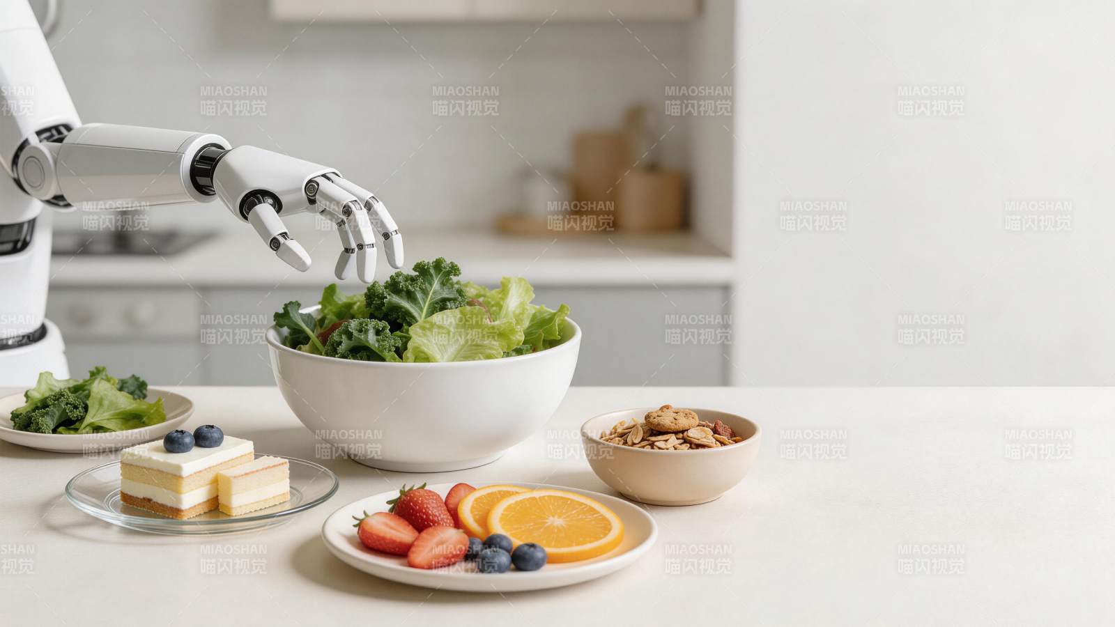 机械臂在厨房准备健康餐食食材图片