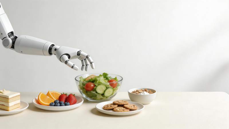 机械臂准备沙拉与多种健康餐食摆盘图片