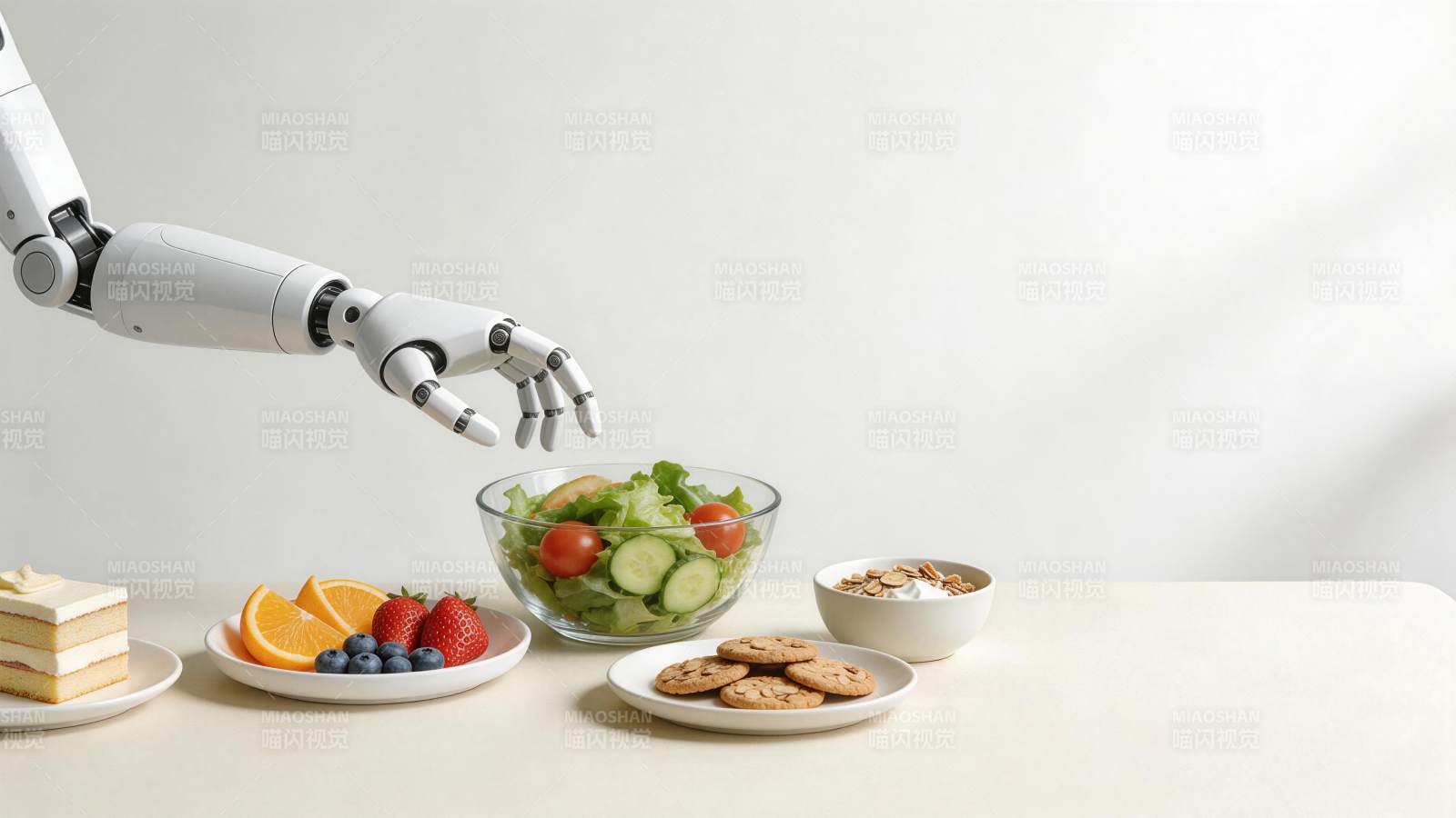 机械臂准备沙拉与多种健康餐食摆盘图片