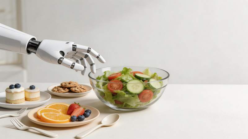 机械手臂伸向沙拉碗与水果甜点餐桌图片