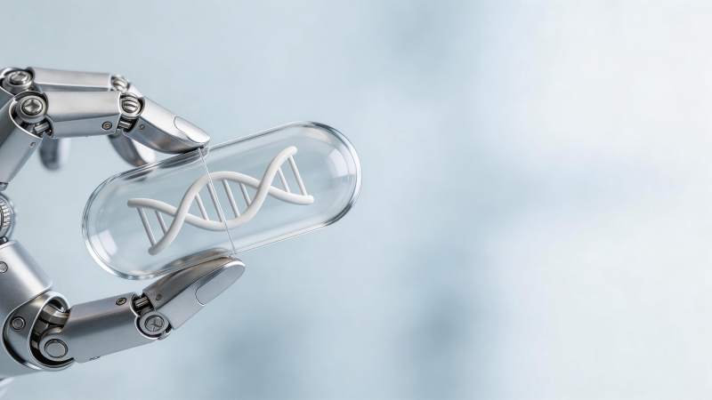机械手握持含DNA双螺旋结构的透明药丸图片