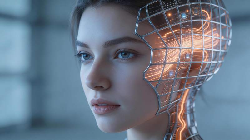 女性面部与半透明电路头盔融合的科技肖像图片