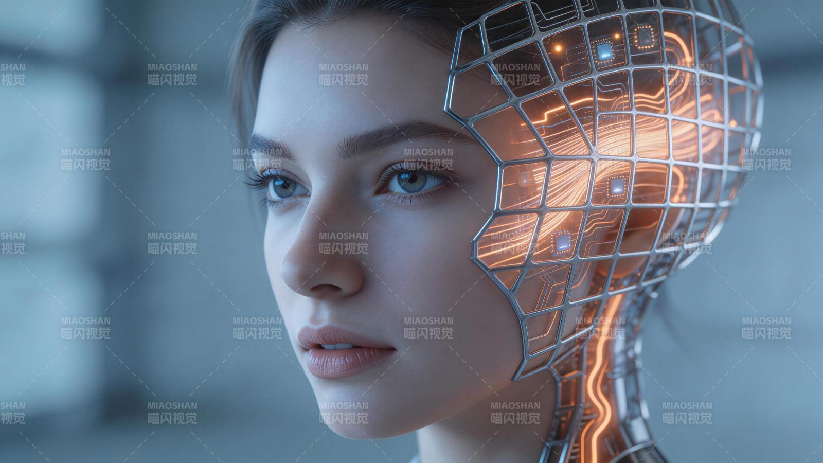 女性面部与半透明电路头盔融合的科技肖像图片