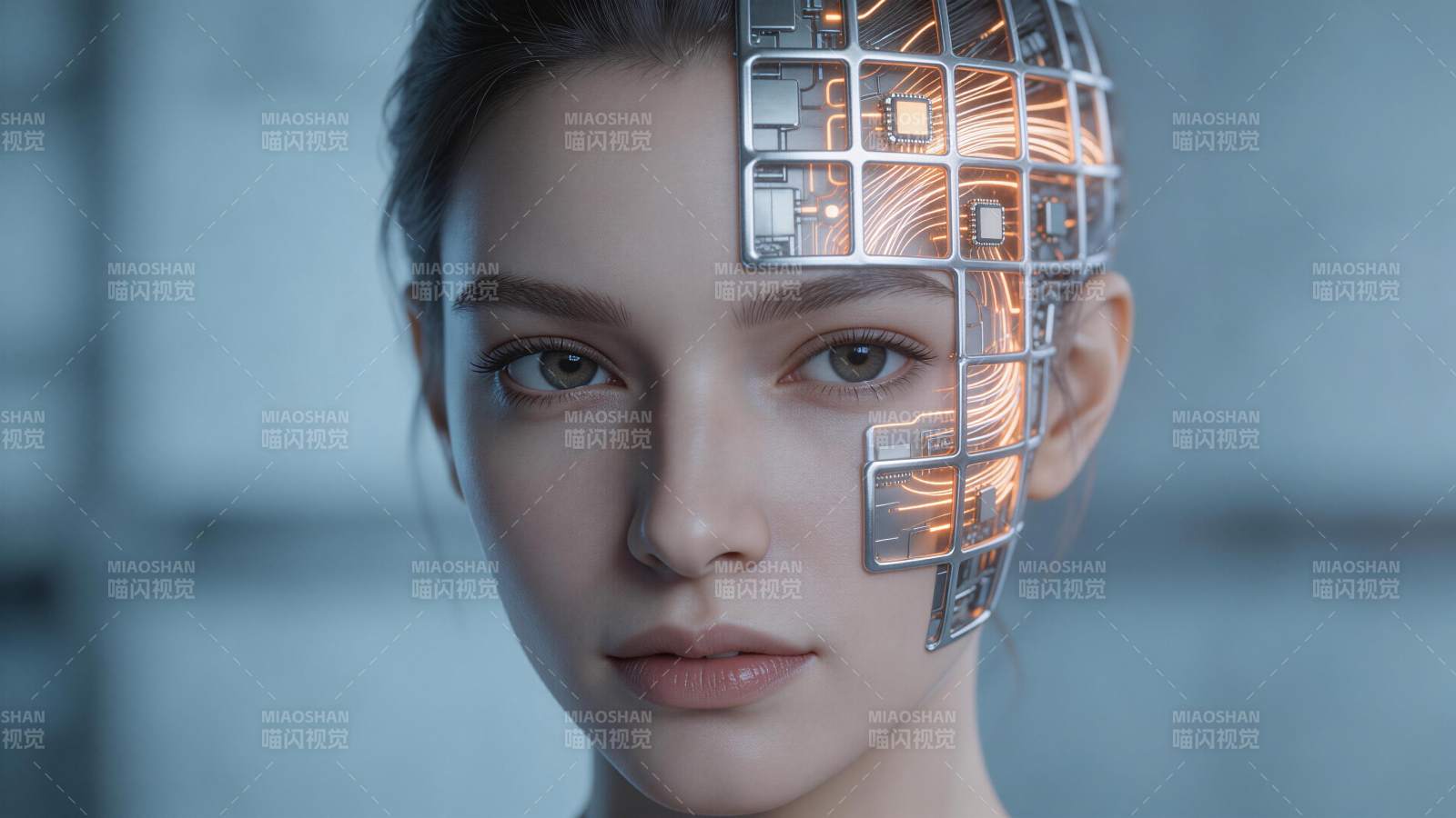 女性面部半侧覆盖发光电路机械结构图片
