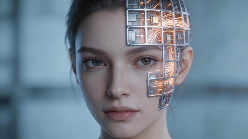 女性面部半侧覆盖发光电路机械结构图片