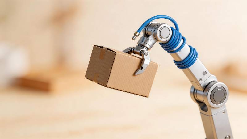 机械臂夹持纸箱进行自动化搬运作业图片