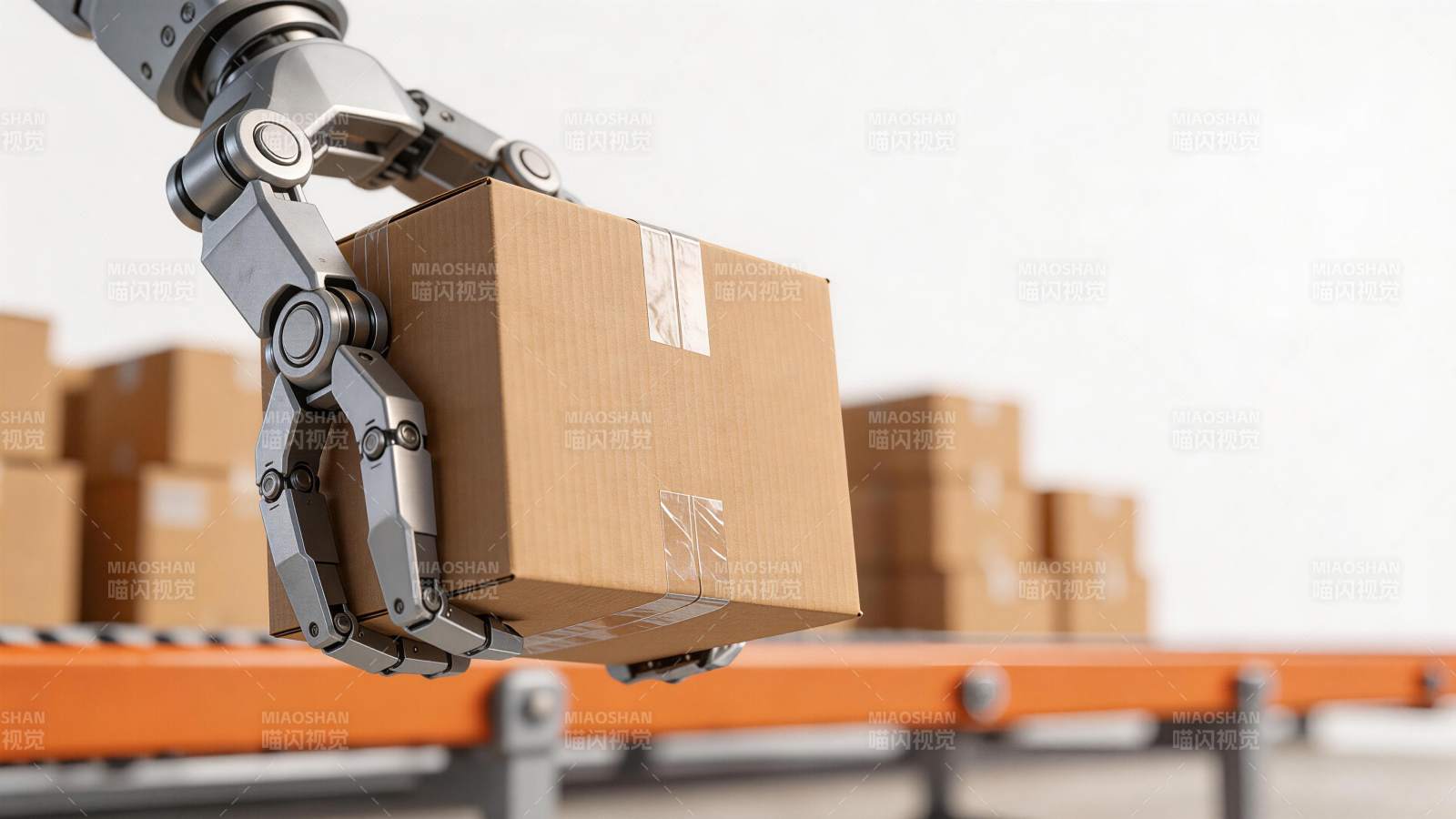 机械臂抓取纸箱在传送带上方作业图片