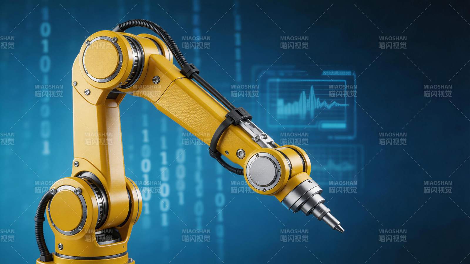 黄色工业机械臂在数字背景前作业图片