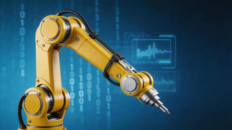 黄色工业机械臂在数字背景前作业图片