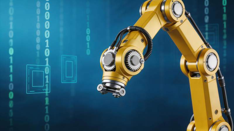 黄色工业机械臂在数字背景前运作图片