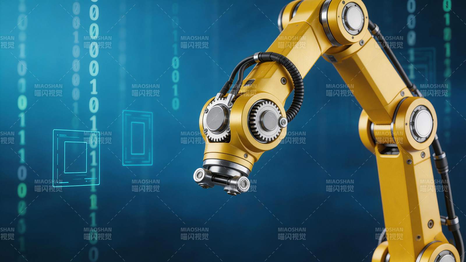 黄色工业机械臂在数字背景前运作图片