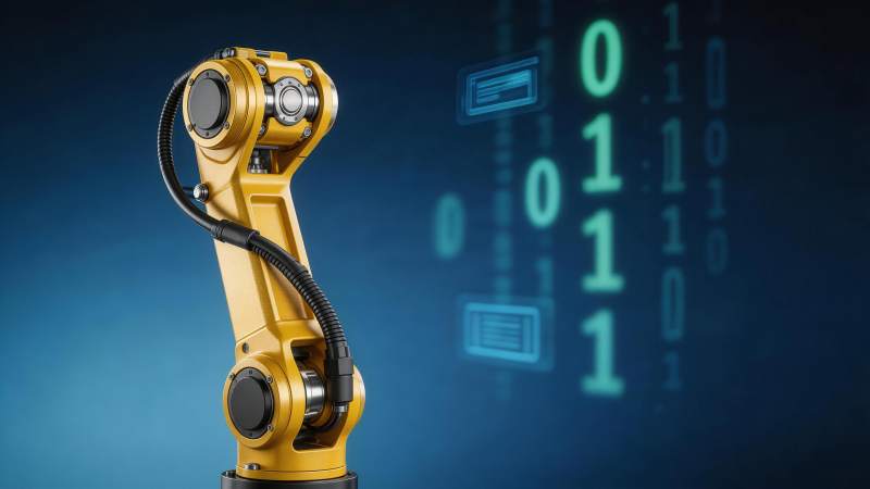 黄色工业机械臂与二进制数据背景图片