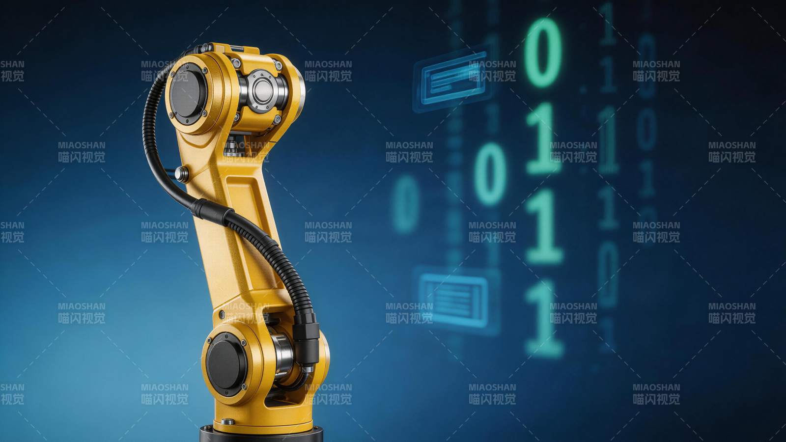 黄色工业机械臂与二进制数据背景图片