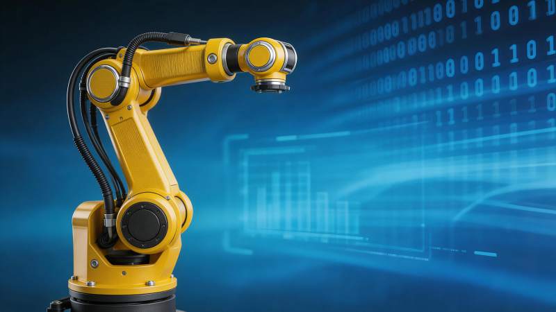 黄色工业机械臂与蓝色数字背景图片