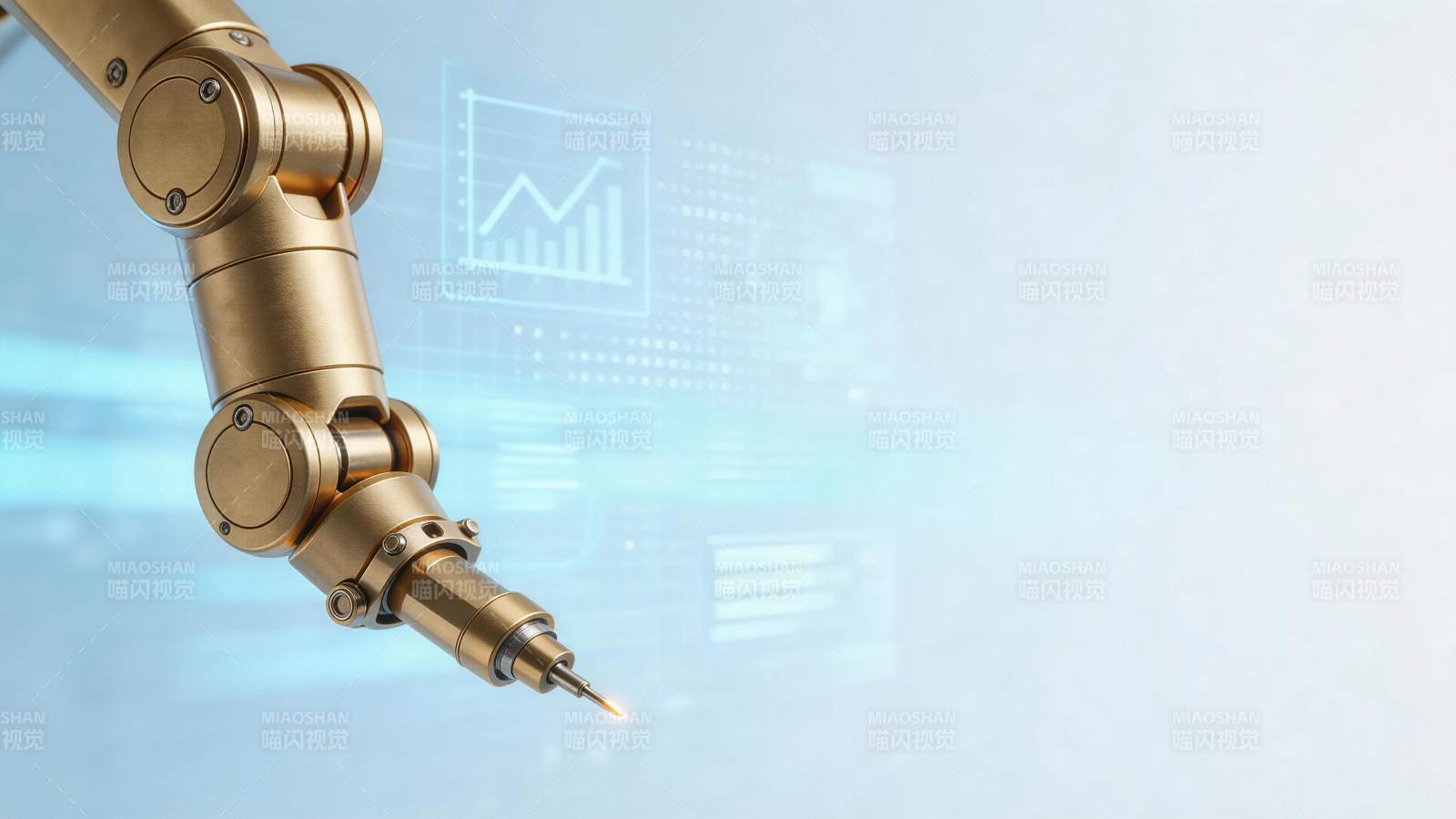 金色机械臂前端发光进行精密作业图片