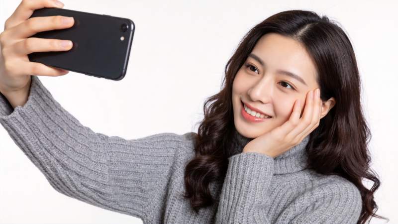 年轻女性手持黑色手机自拍微笑图片