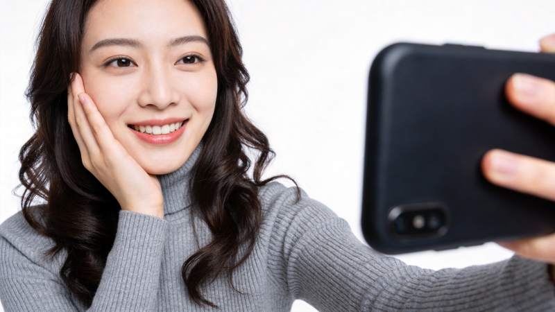 年轻女性手持手机自拍微笑特写图片