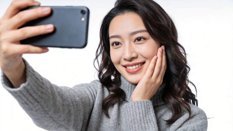 女性手持黑色手机自拍微笑特写图片