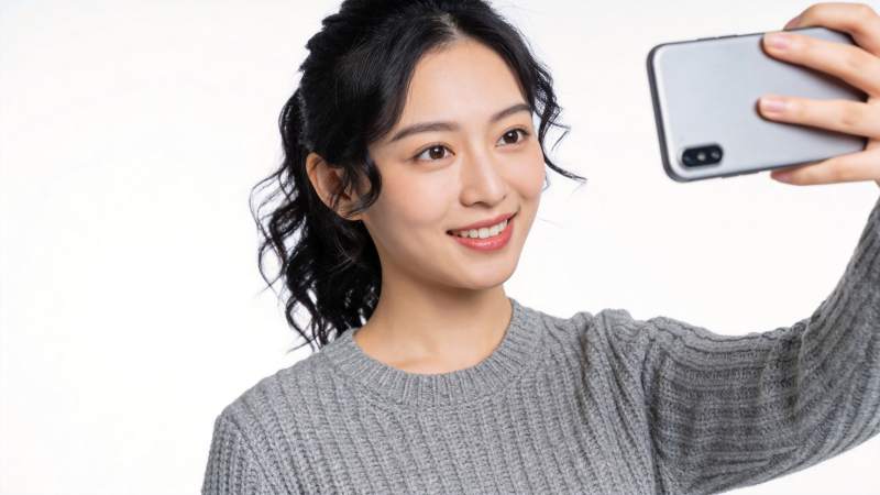 年轻女性手持手机自拍微笑特写图片