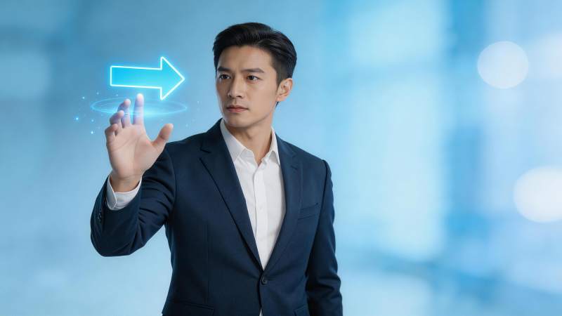 商务男士触碰蓝色科技箭头虚拟界面图片