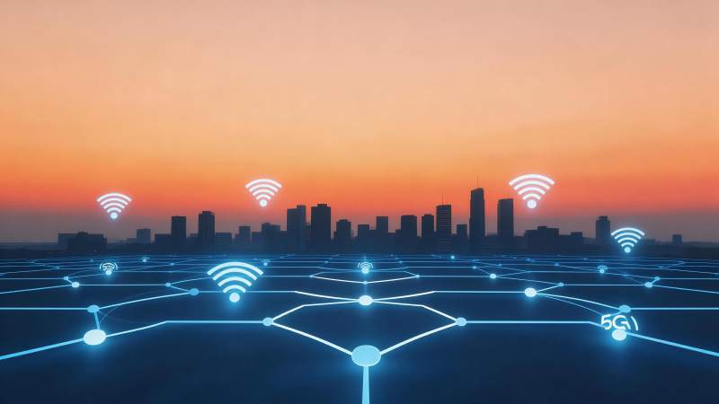 城市天际线与无线网络信号覆盖示意图图片